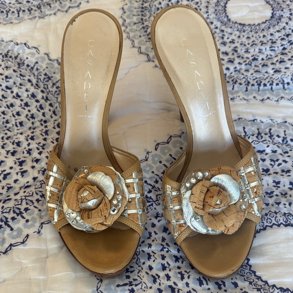 Casadei Tan Slide Mules with Silver Floral Detail